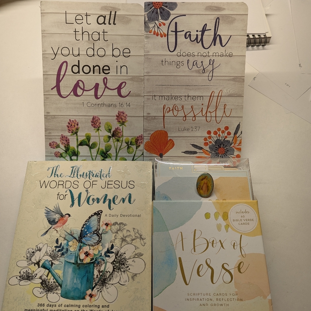 Bundle 2 Christian journals, scripture cards, 365 day meditation book, angel pin